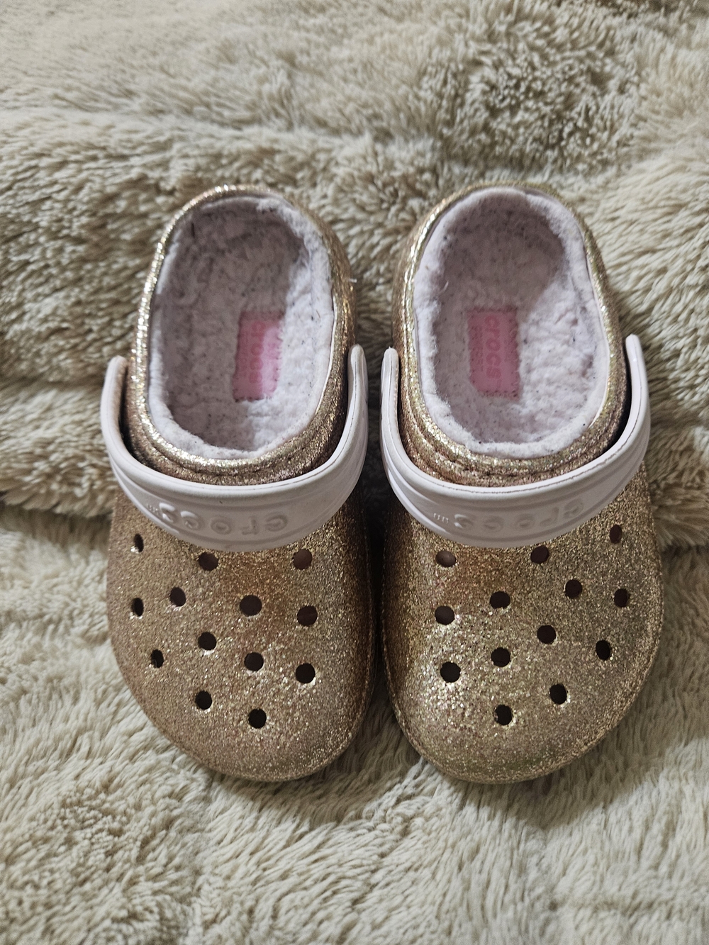 CROCS Kids Glitter Clogs with Pink Fleece Lining - Gold